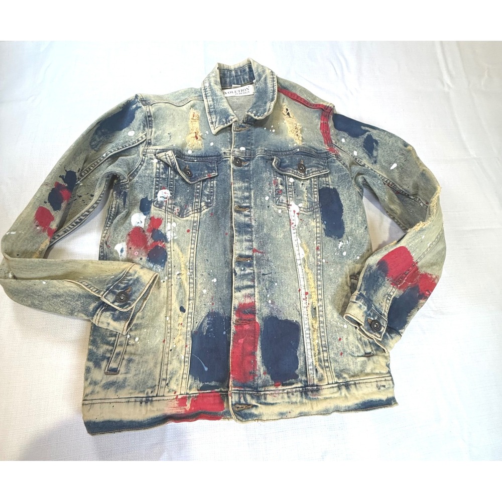 EVOLUTION IN DESIGN Distressed Denim Jacket Paint Splatter Red Blue XL White